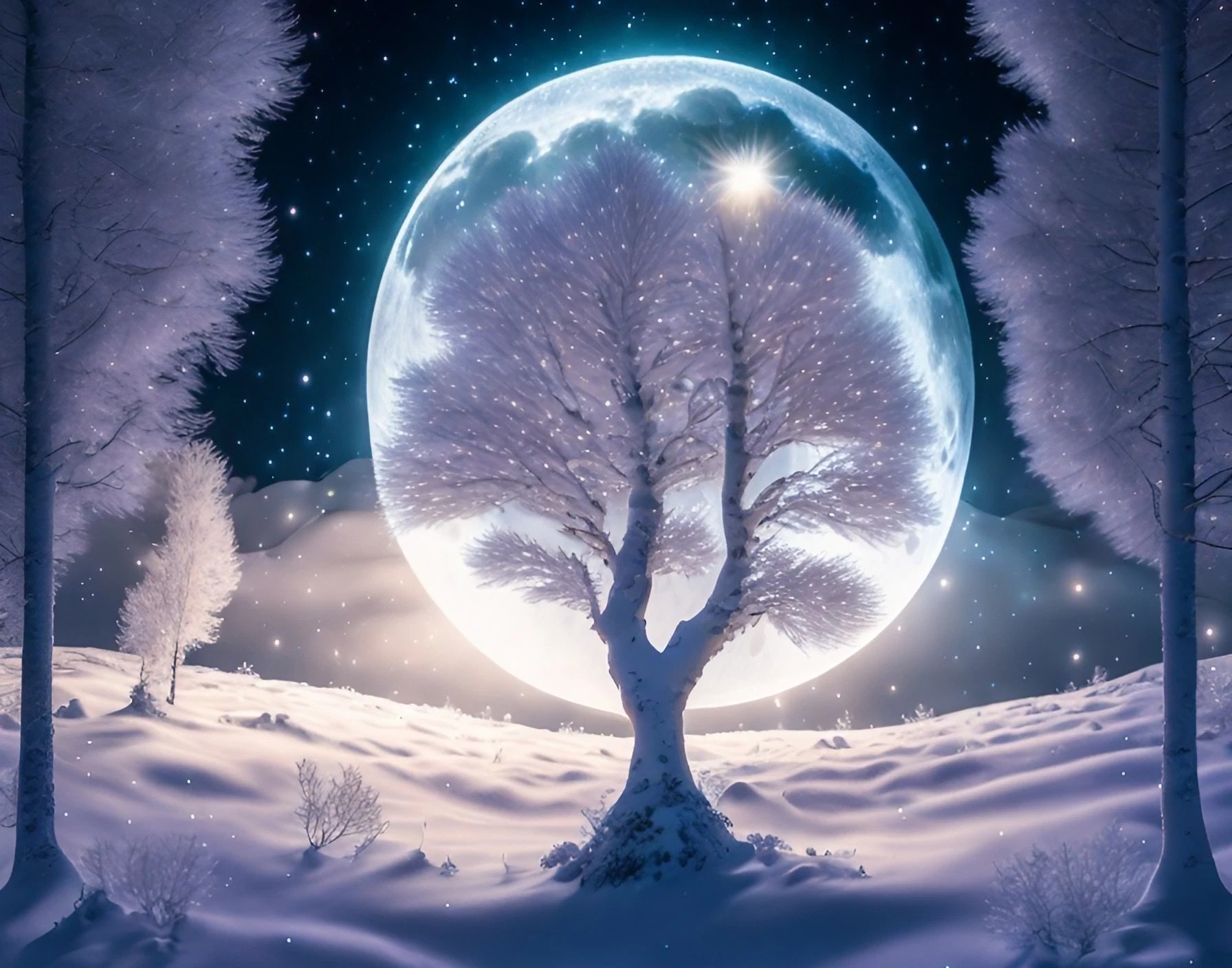 大きな満月と幻想的な夜空と雪原と木々のファンタジーでかっこいい風景のリアル無料イラスト画像素材