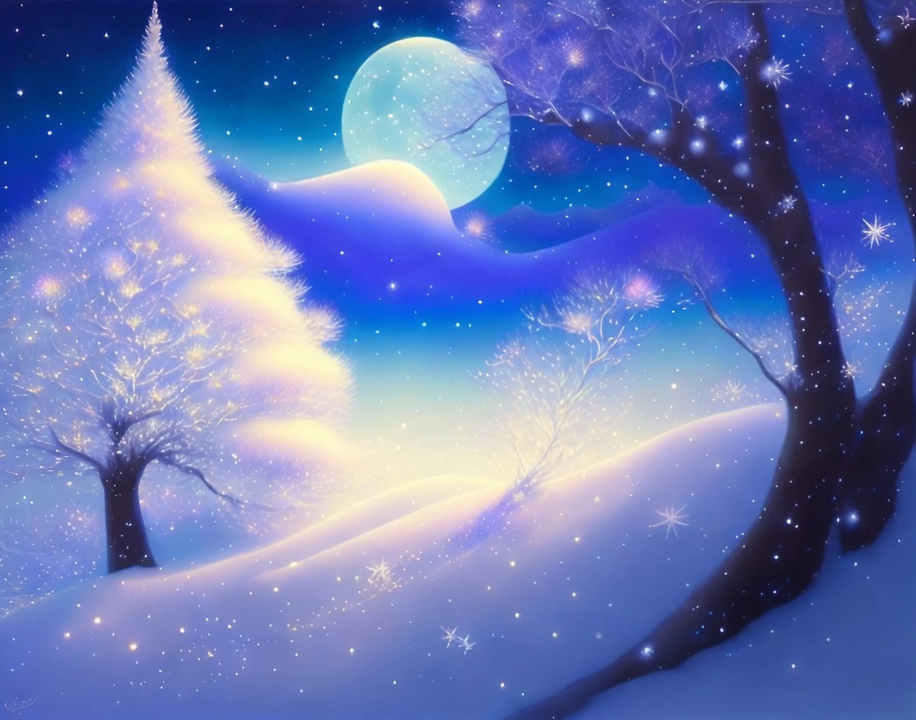 綺麗な満月と夜と白い木々の雪降る神秘的な光景の無料背景画像素材