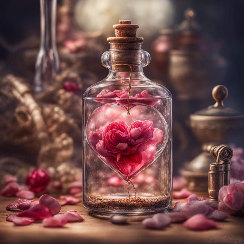 美しい魔法のハートと綺麗なバラの花びらの小瓶とファンタジーの風景の無料リアル写真風素材