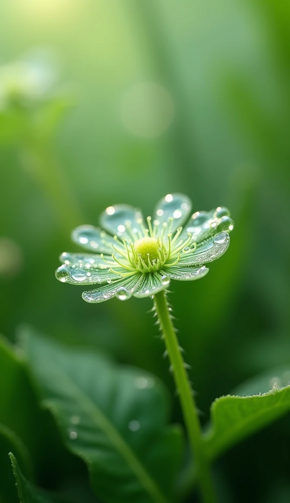 木漏れ日と美しく輝く雫と緑の花と若葉の新緑の無料リアル写真画像素材