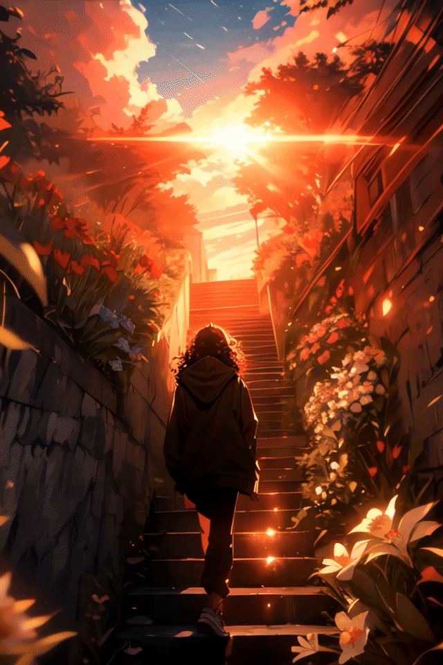 美しい夕日と階段を上る人影のアニメーションと夕焼けに輝く太陽なGIFアニメ