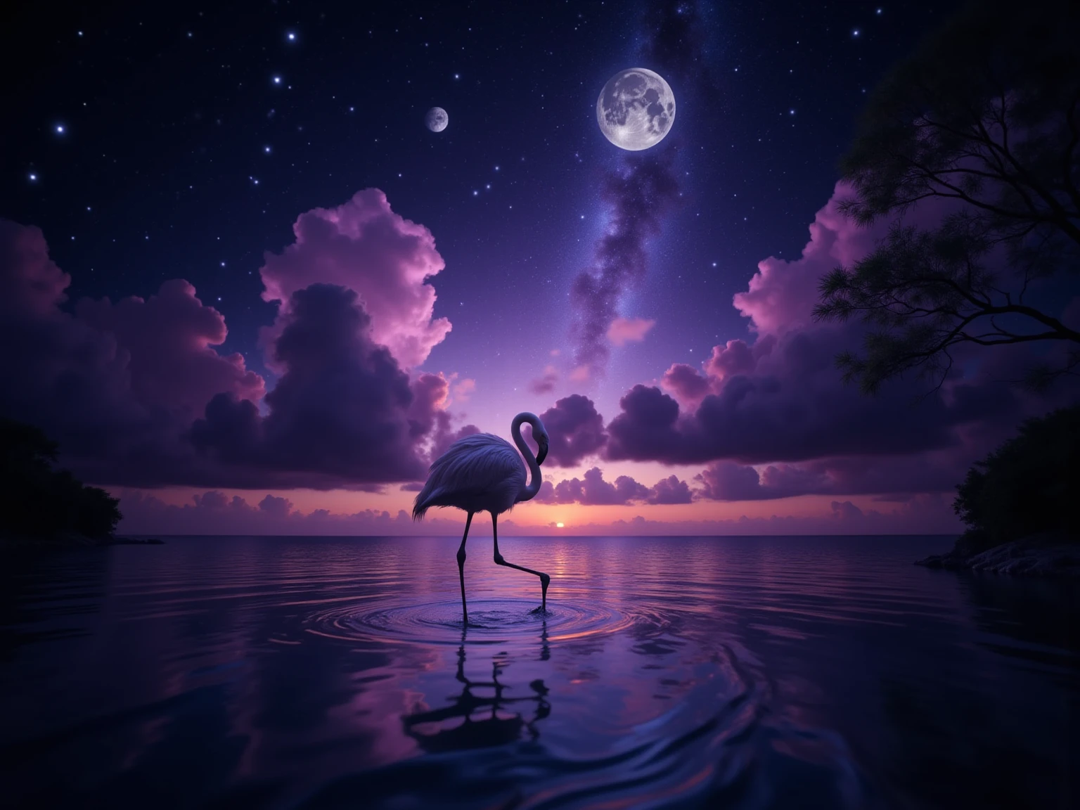 ピンクのフラミンゴと美しい月夜と海辺の幻想的な癒しの壁紙背景画像素材_01