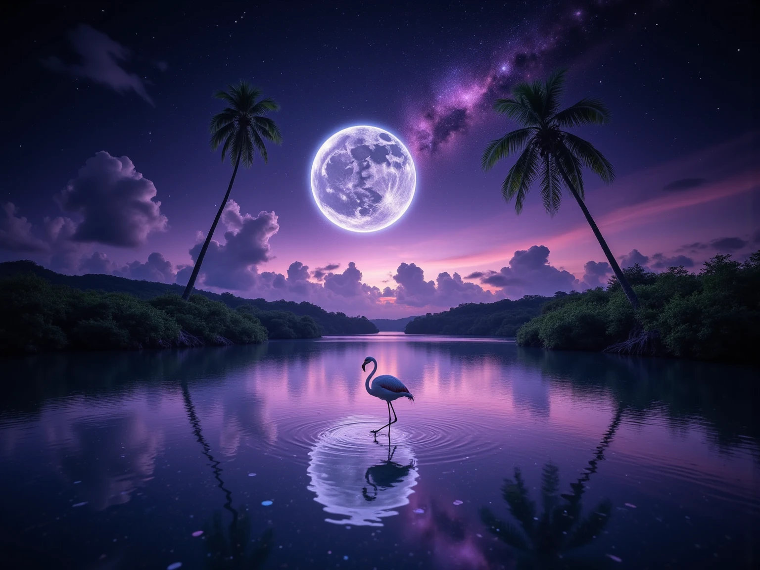 ピンクのフラミンゴと美しい月夜と海辺の幻想的な癒しの壁紙背景画像素材_02