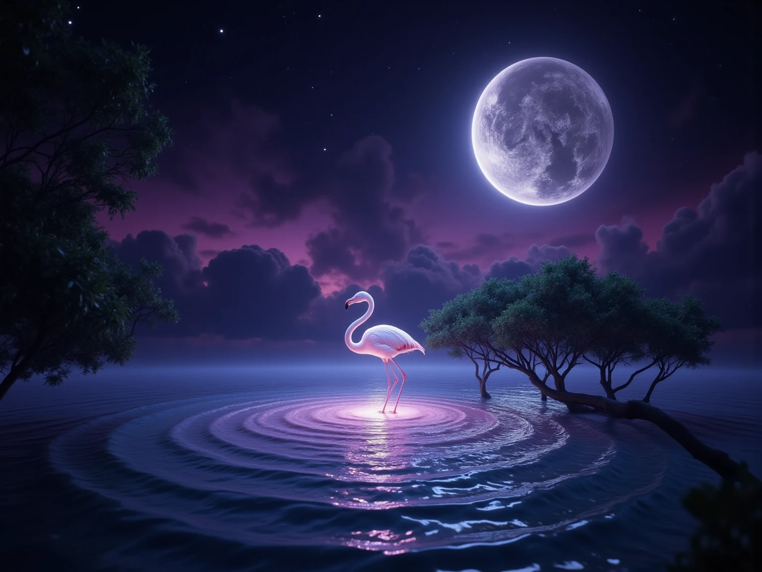 ピンクのフラミンゴと美しい月夜と海辺の幻想的な癒しの壁紙背景画像素材_03