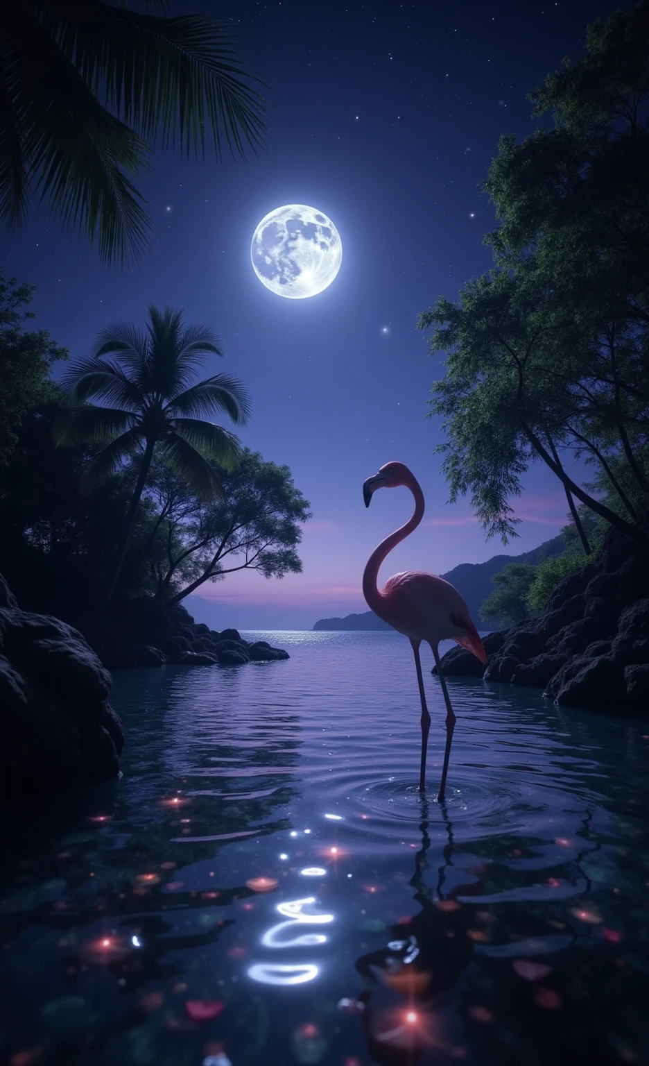夜の入り江と月光にフラミンゴと夜空のきらめく星々の幻想的な光の画像素材_01