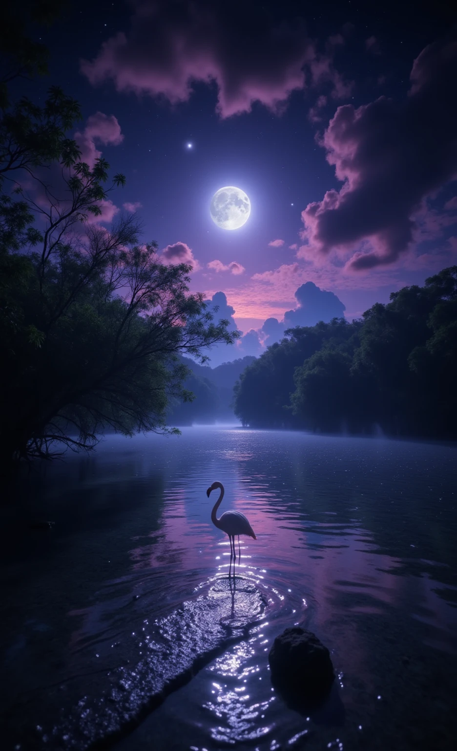 夜の入り江と月光にフラミンゴと夜空のきらめく星々の幻想的な光の画像素材_02