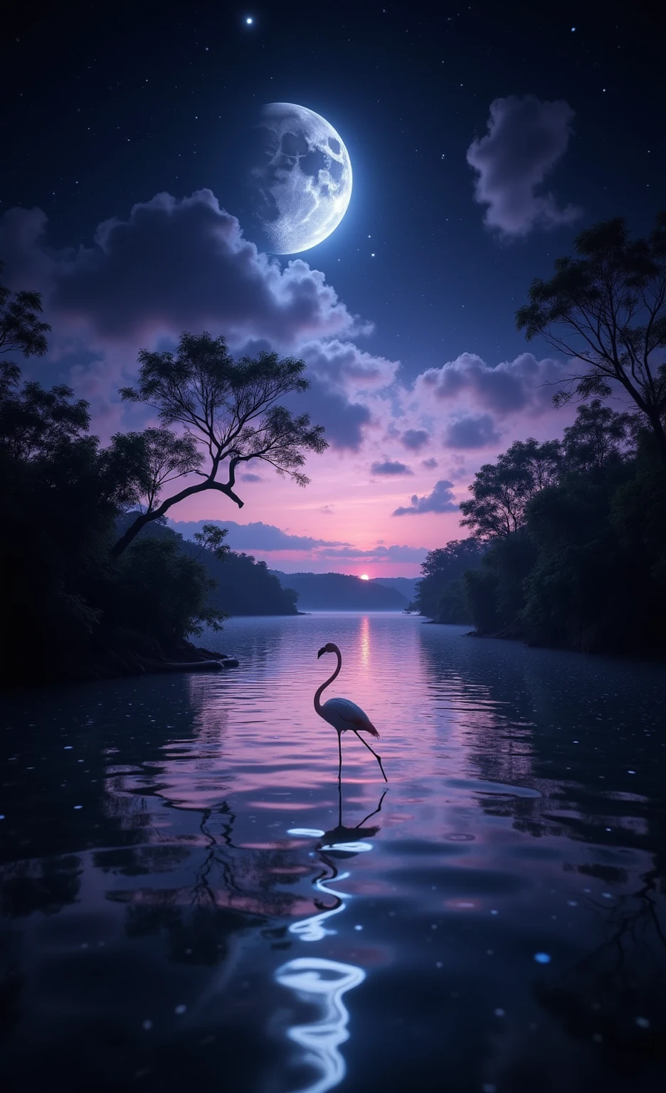 夜の入り江と月光にフラミンゴと夜空のきらめく星々の幻想的な光の画像素材_03