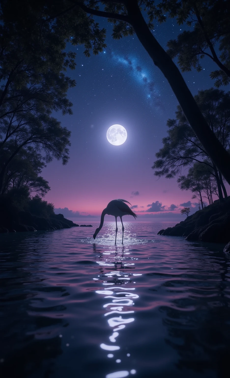 夜の入り江と月光にフラミンゴと夜空のきらめく星々の幻想的な光の画像素材_04