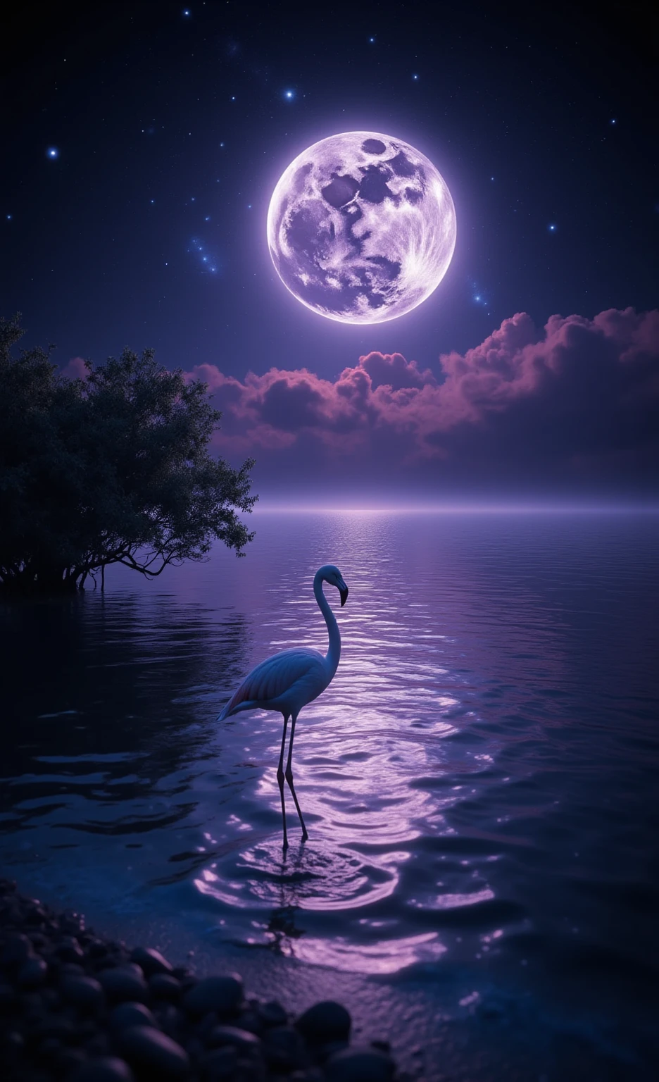 夜の入り江と月光にフラミンゴと夜空のきらめく星々の幻想的な光の画像素材_05