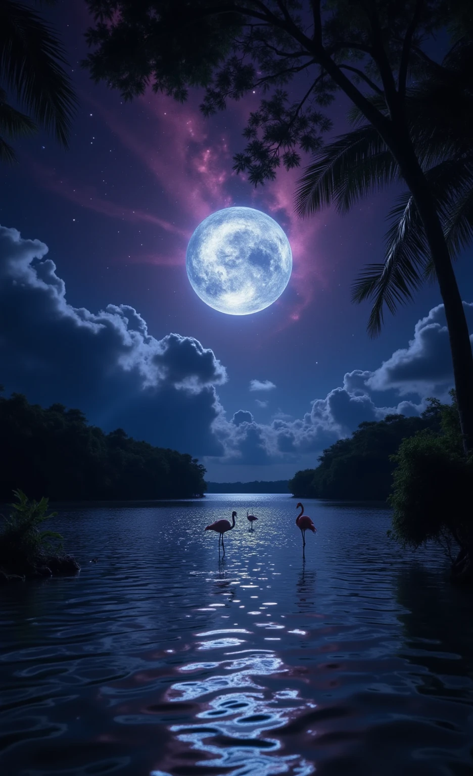 夜の入り江と月光にフラミンゴと夜空のきらめく星々の幻想的な光の画像素材_06