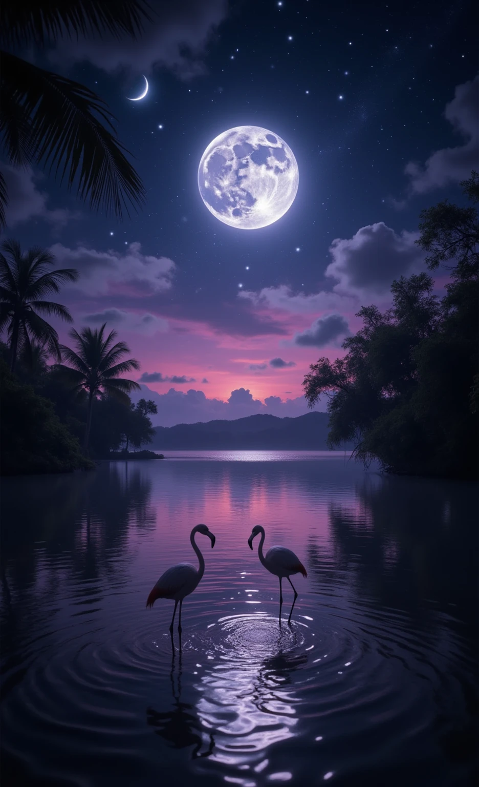 夜の入り江と月光にフラミンゴと夜空のきらめく星々の幻想的な光の画像素材_07