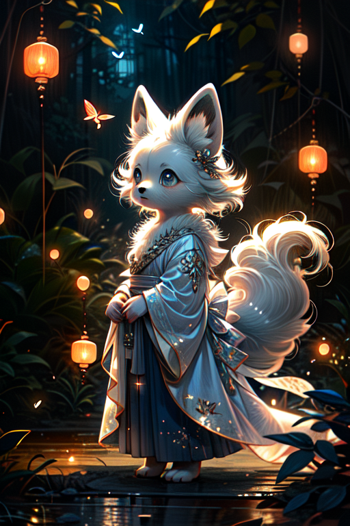 かわいい神秘的なファンタジーの和服と灯篭の夜に佇む狼の無料イラスト画像