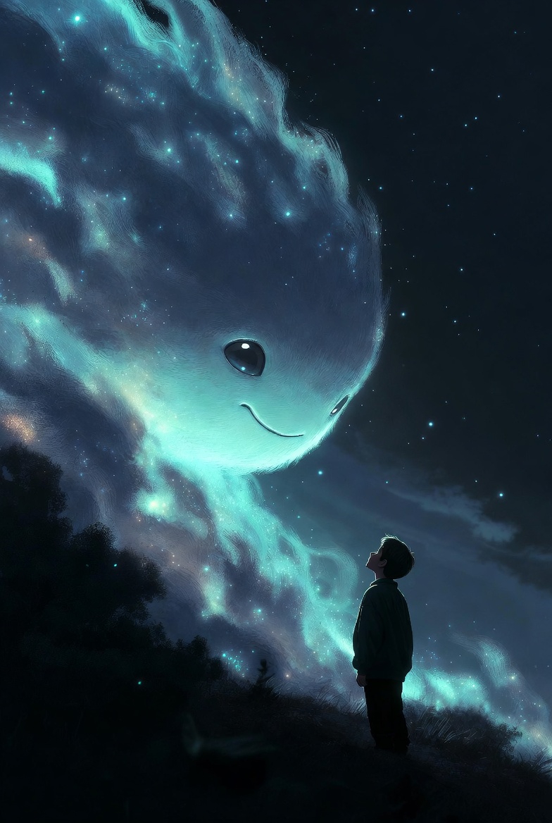 かわいい超巨大生物と少年の癒しの夜中の無料風景リアルイラスト