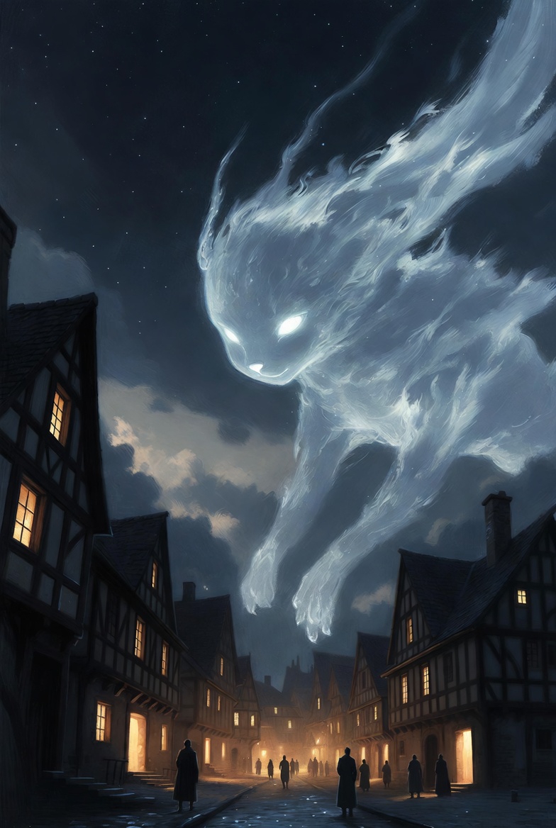 かわいい超巨大生物と少年の癒しの夜中の無料風景リアルイラスト_02