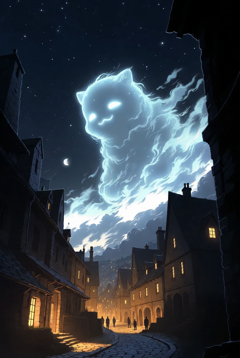 かわいい雲風超巨大生物と少年の癒しの夜中の無料風景イラスト