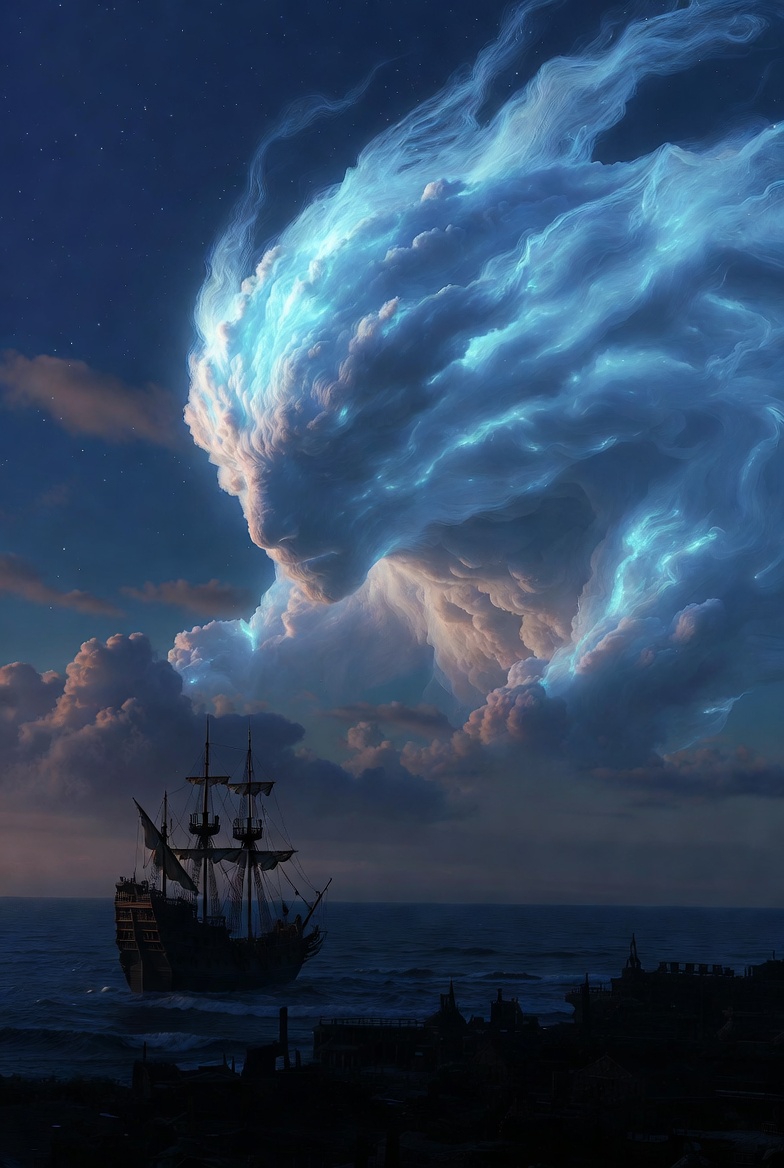 夜の海と神秘的巨大生物の癒しのリアル風景無料画像壁紙_01