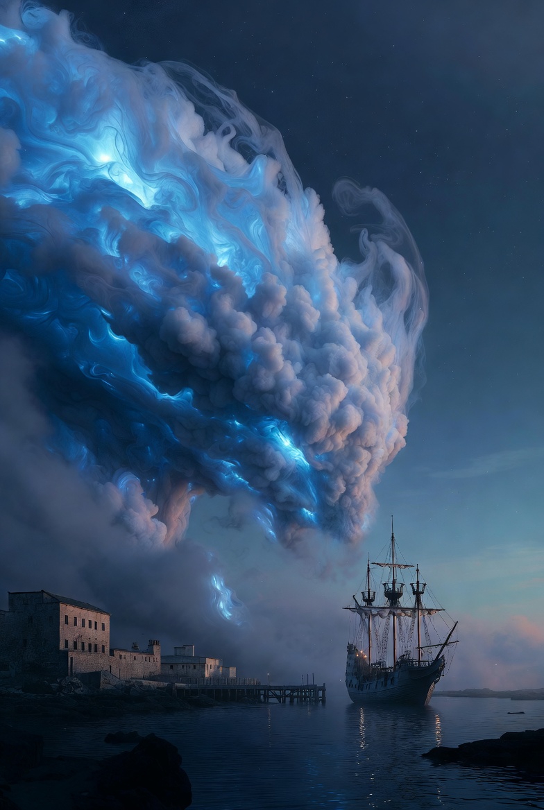 夜の海と神秘的巨大生物の癒しのリアル風景無料画像壁紙_02