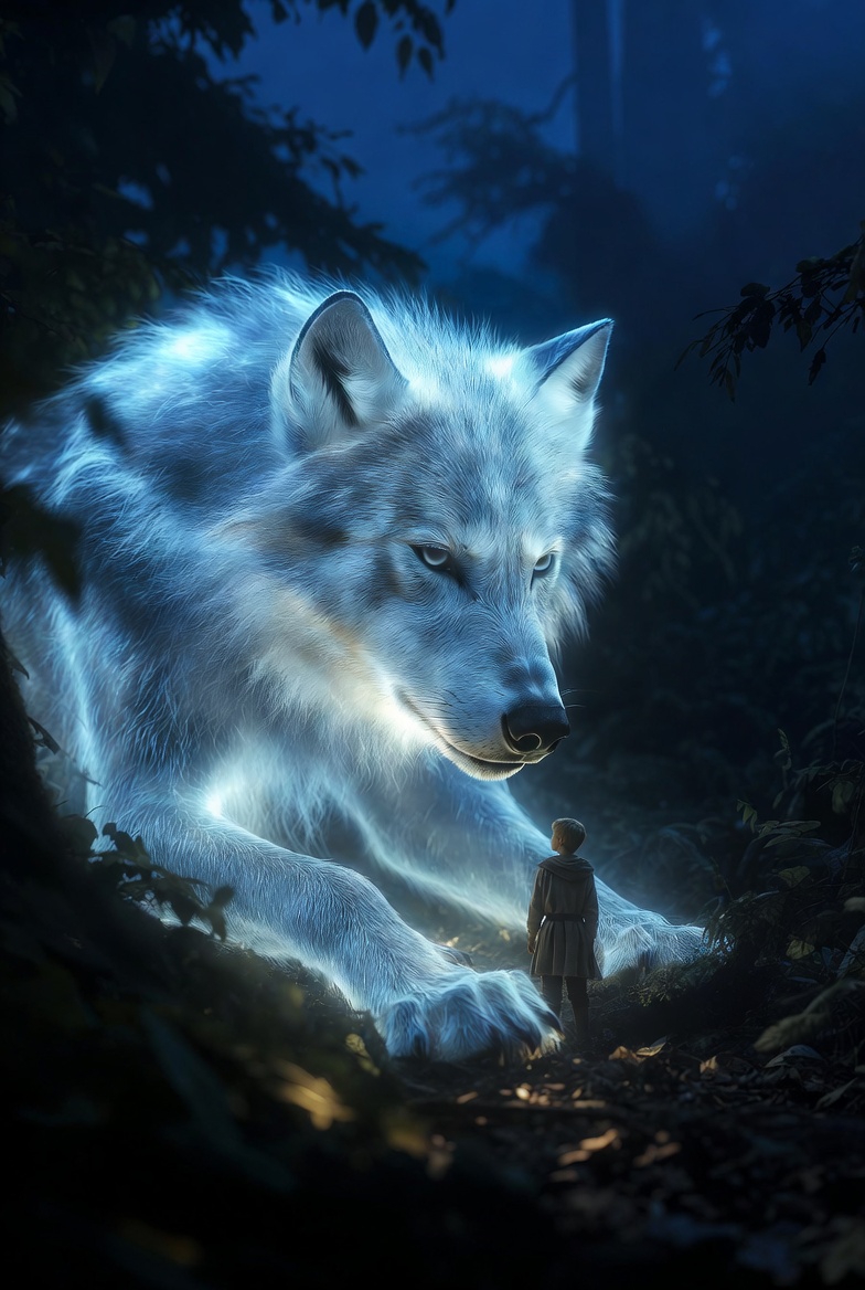 巨大な神秘的狼と少年の癒しの風景画像無料壁紙_01