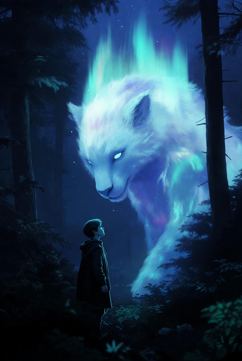 巨大な神秘的狼と少年の癒しの風景画像無料壁紙_02