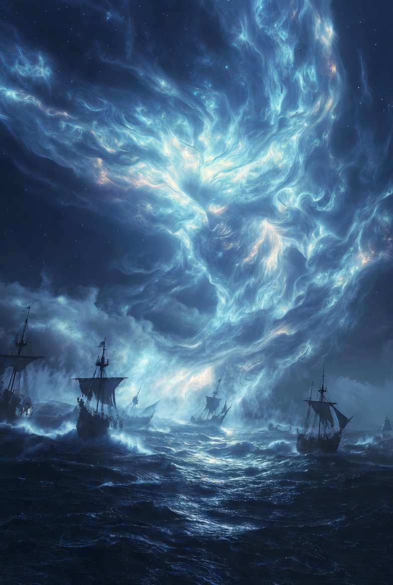 海と夜中光輝く神秘的な超巨大な神の無料画像素材_01