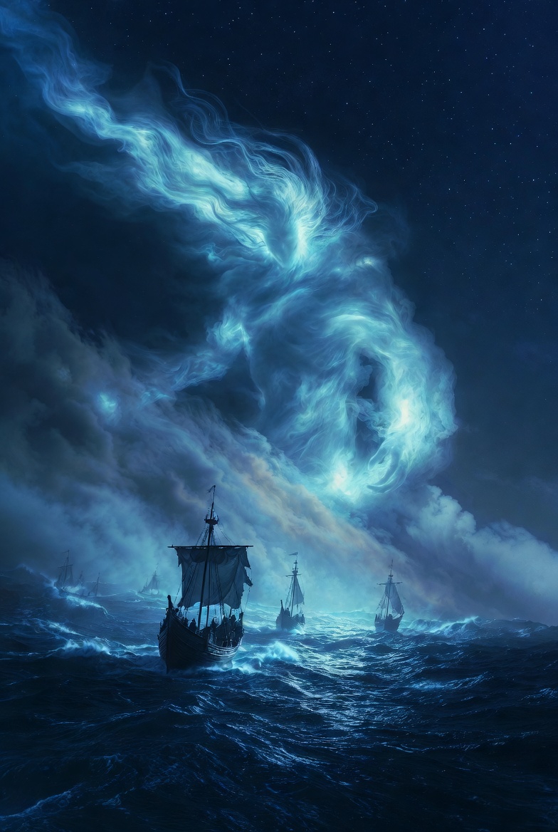 海と夜中光輝く神秘的な超巨大な神の無料画像素材_02