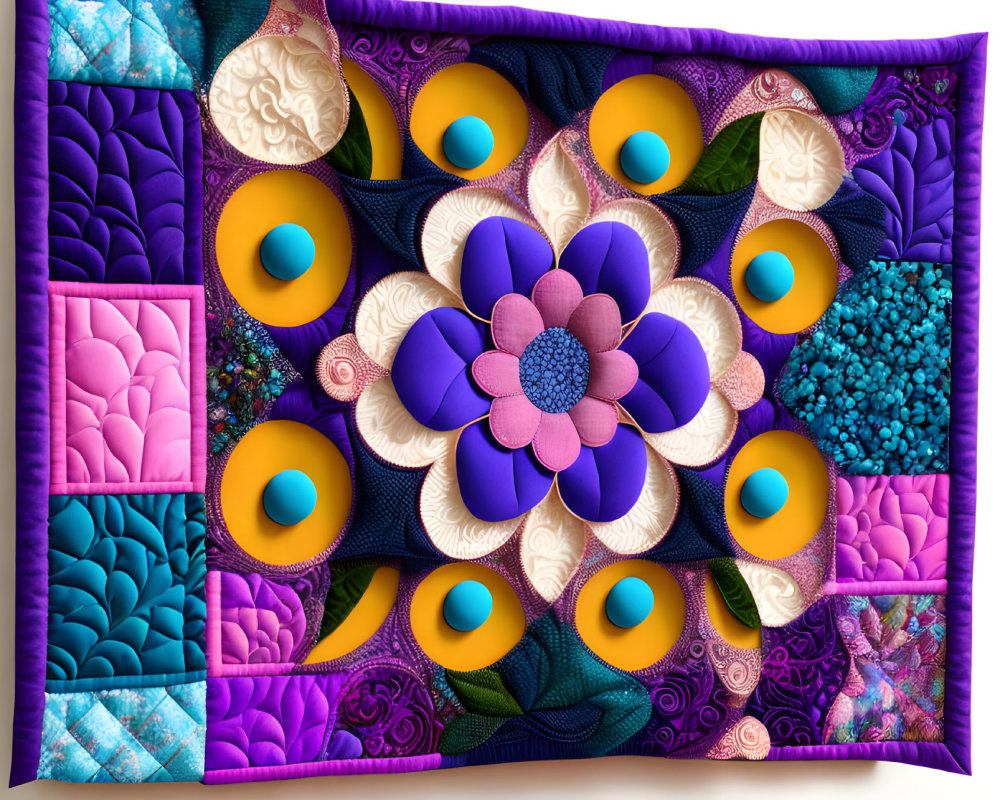 手縫いの紫花と植物のおしゃれなパッチワークの写真風素材
