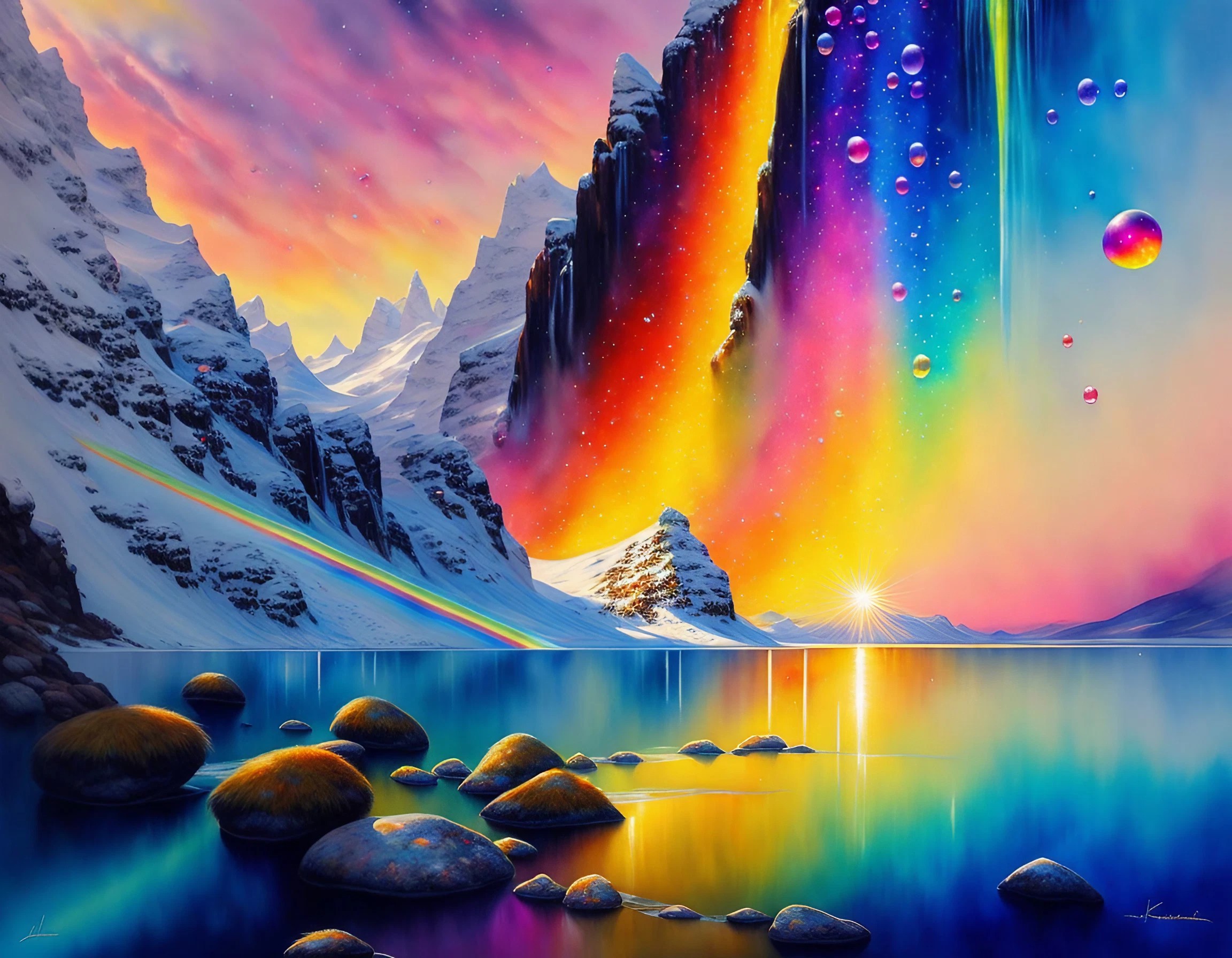 無料壁紙＆背景画像！大自然の山と大きな虹と滝とカラフルシャボン玉の綺麗なリアル絵画 | 「Free! Illustlation &くりえいてぃぶ」