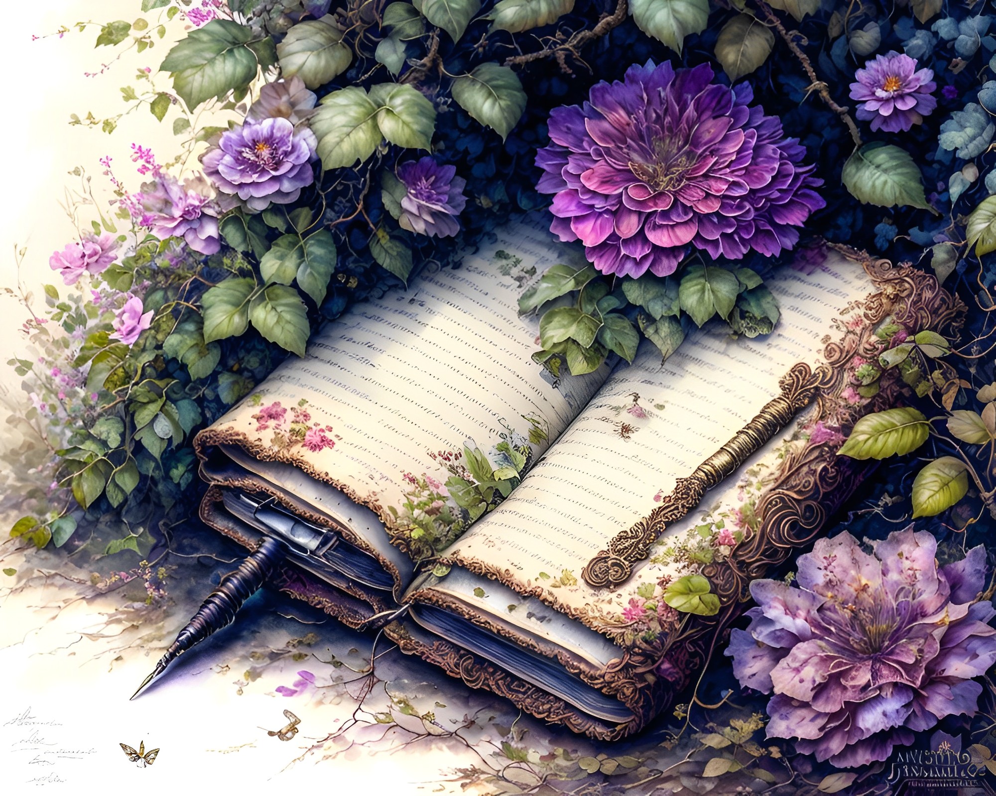 花壇とかわいい魔法の本 & 絵本のメルヘン風景