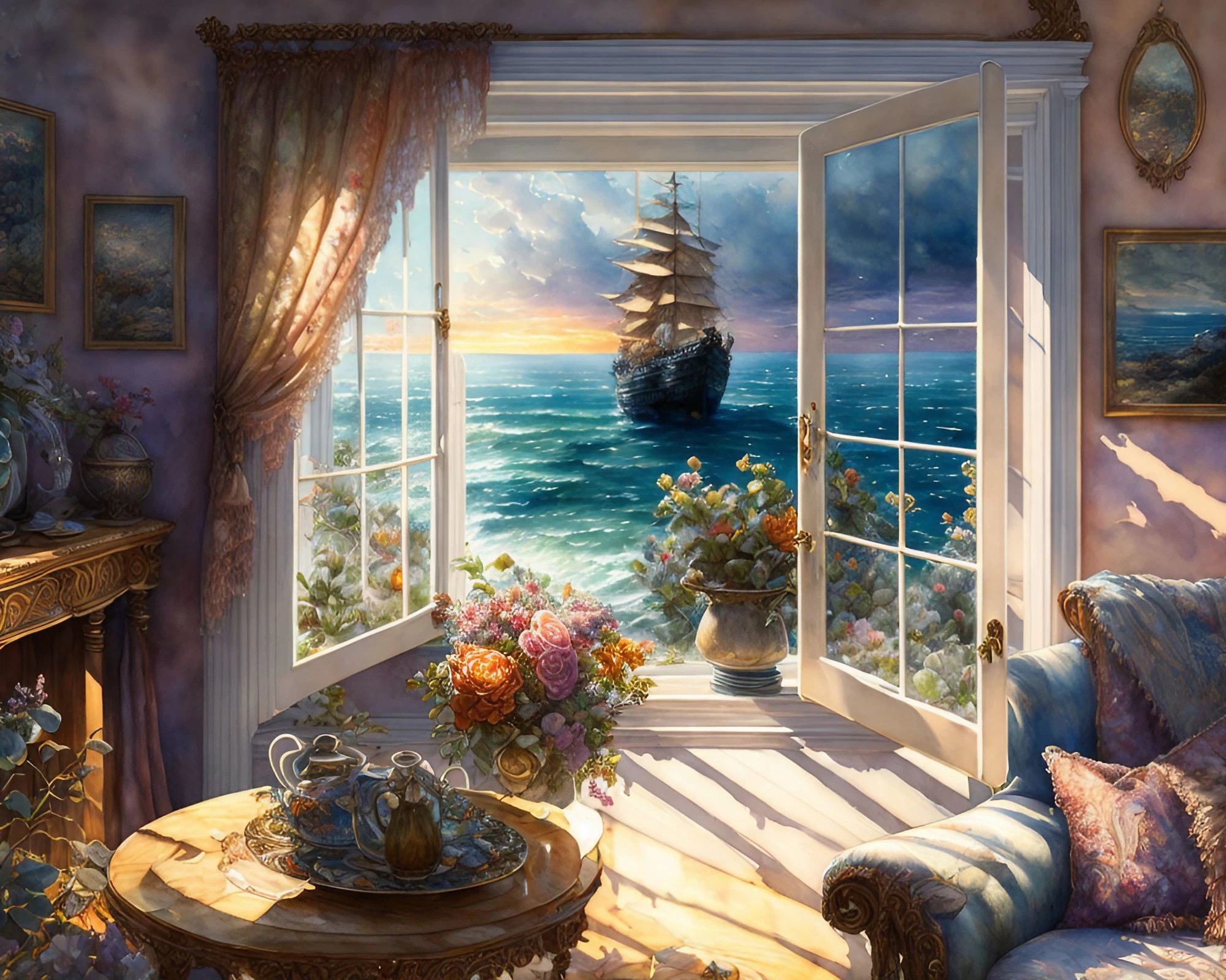 おしゃれなヨーロッパの海辺の部屋の窓から見える西洋船の絵