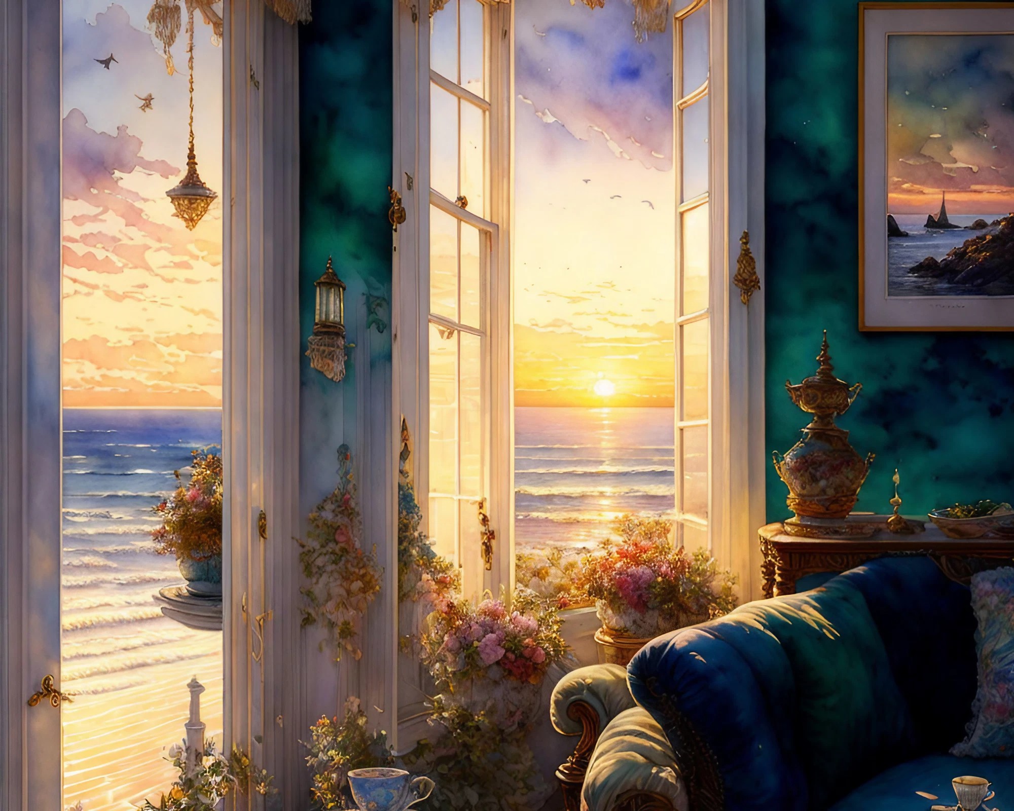 おしゃれな海辺のリビングルームの部屋の窓から見える夕日と浜辺の水彩画