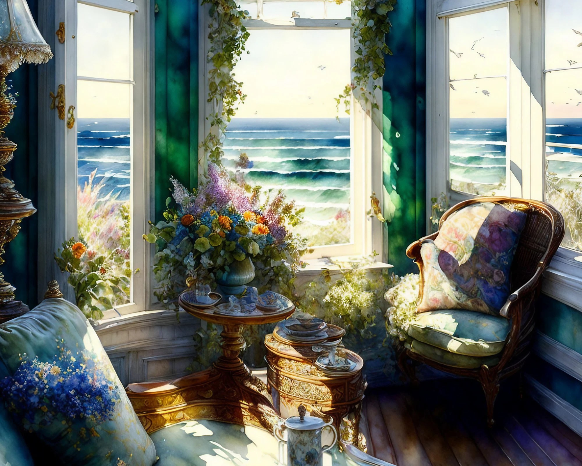 おしゃれな海辺のリビングルームの部屋の窓から見える青い海と空の水彩画