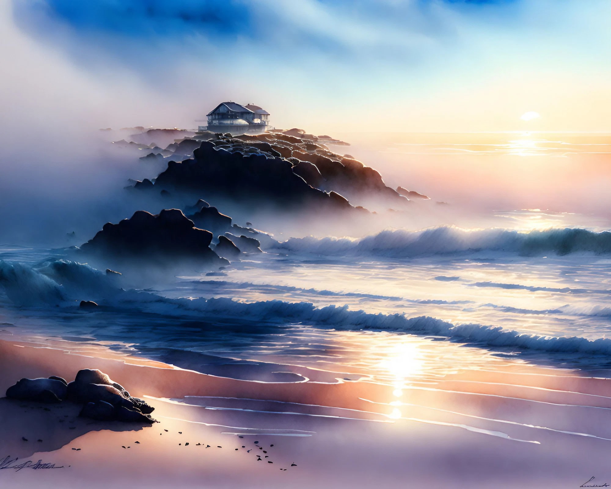 無料イラスト＆背景画像素材！かっこいい荒れた海と朝日に輝く綺麗な浜辺と空のリアル壁紙