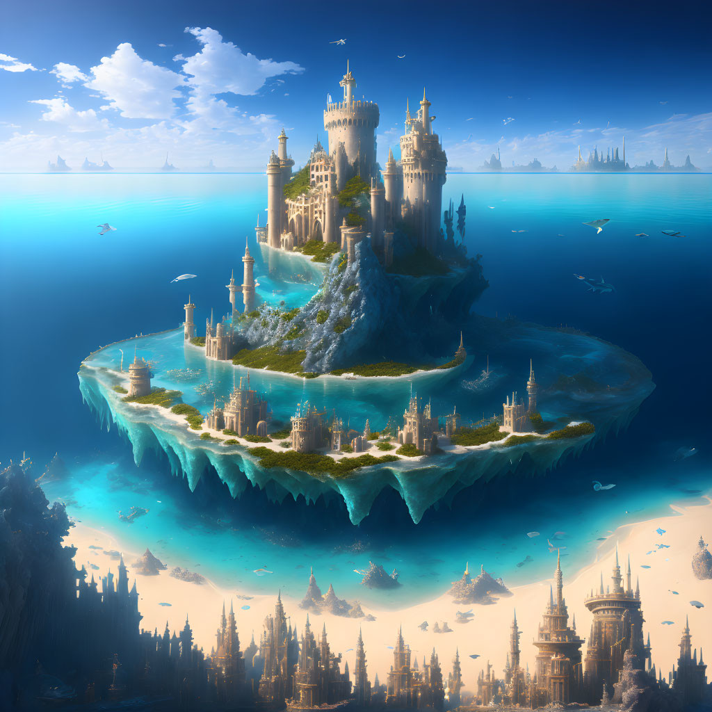 きれいな海の上の西洋のかっこいいお城と青い空のファンタジーアートな無料背景壁紙画像