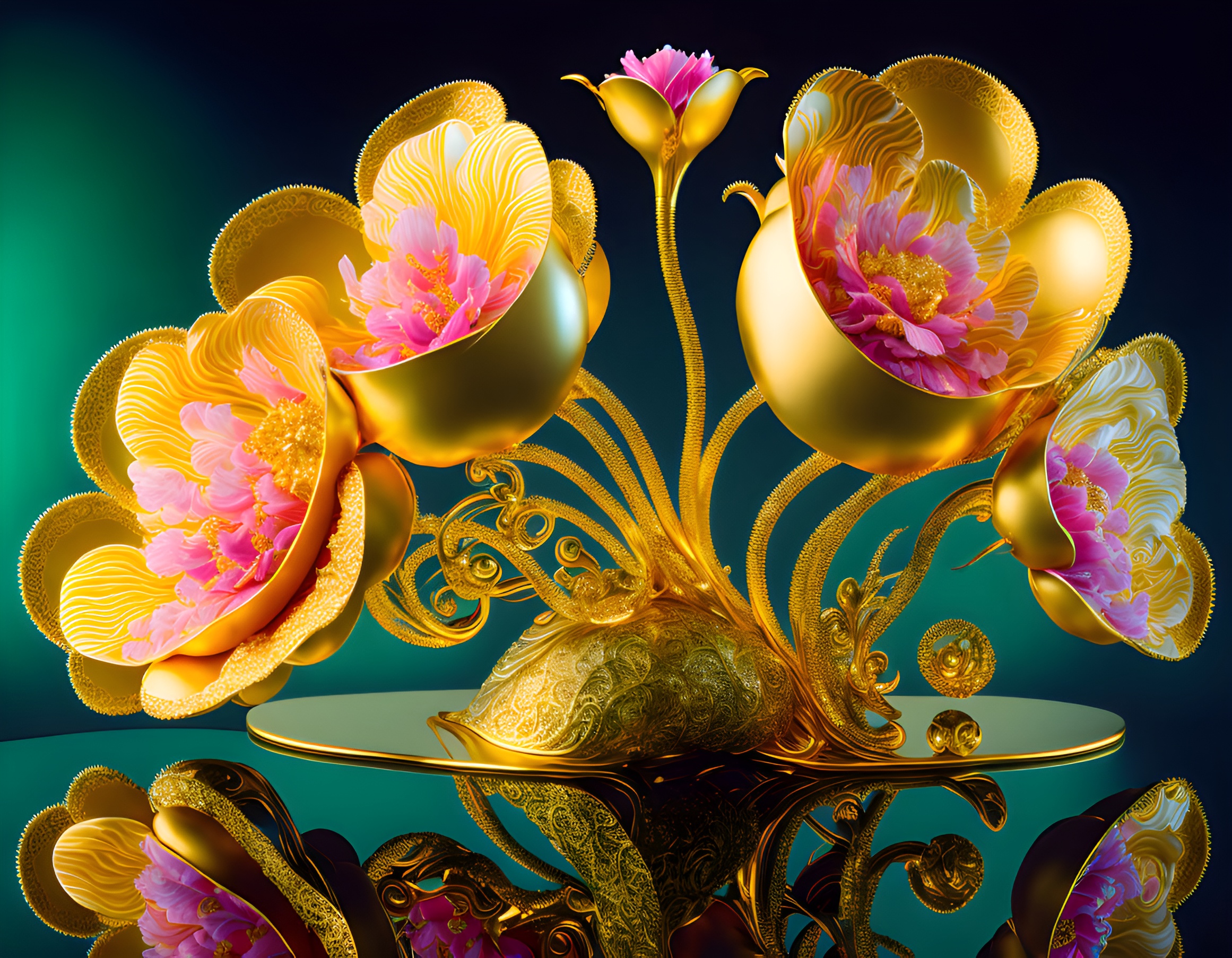 ゴールデンフラワー＆テーブルの上の金とピンクの花：ゴールド