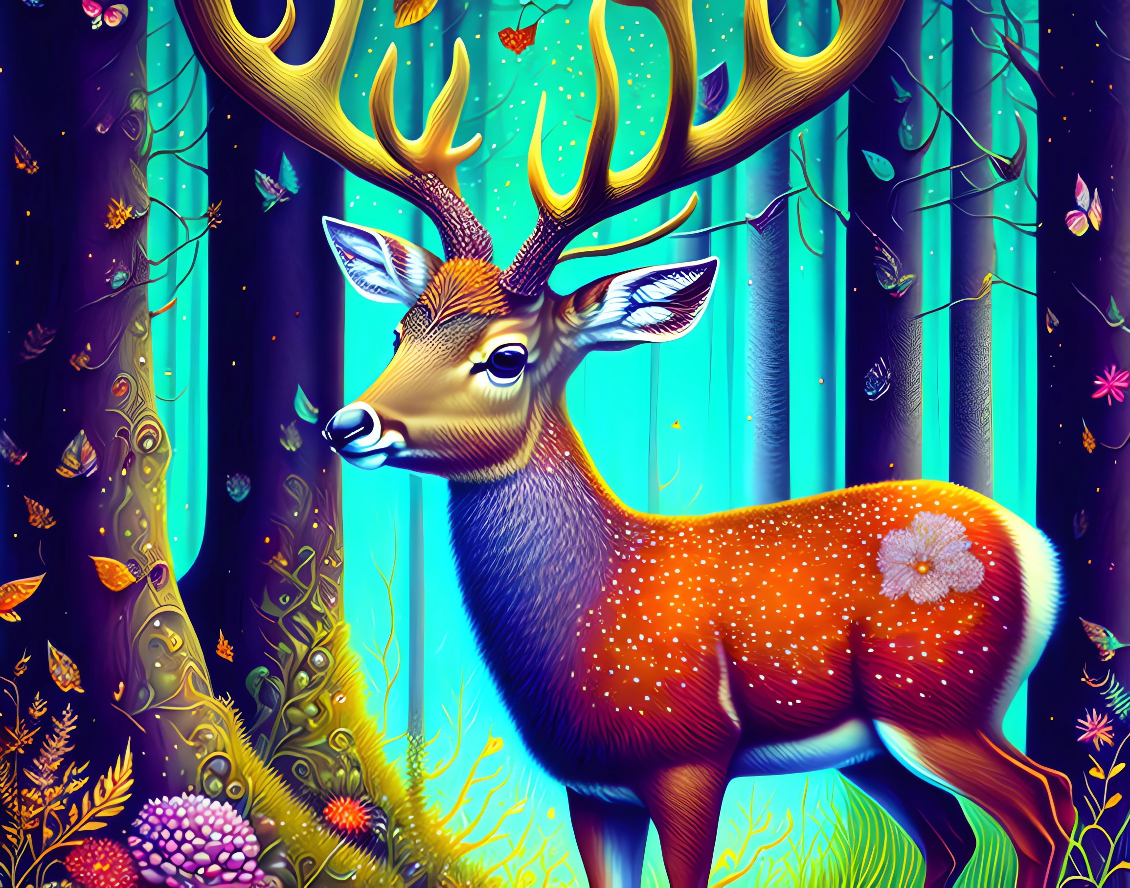 ファンタジーでかわいいカラフルな大自然の動物：リアルな鹿