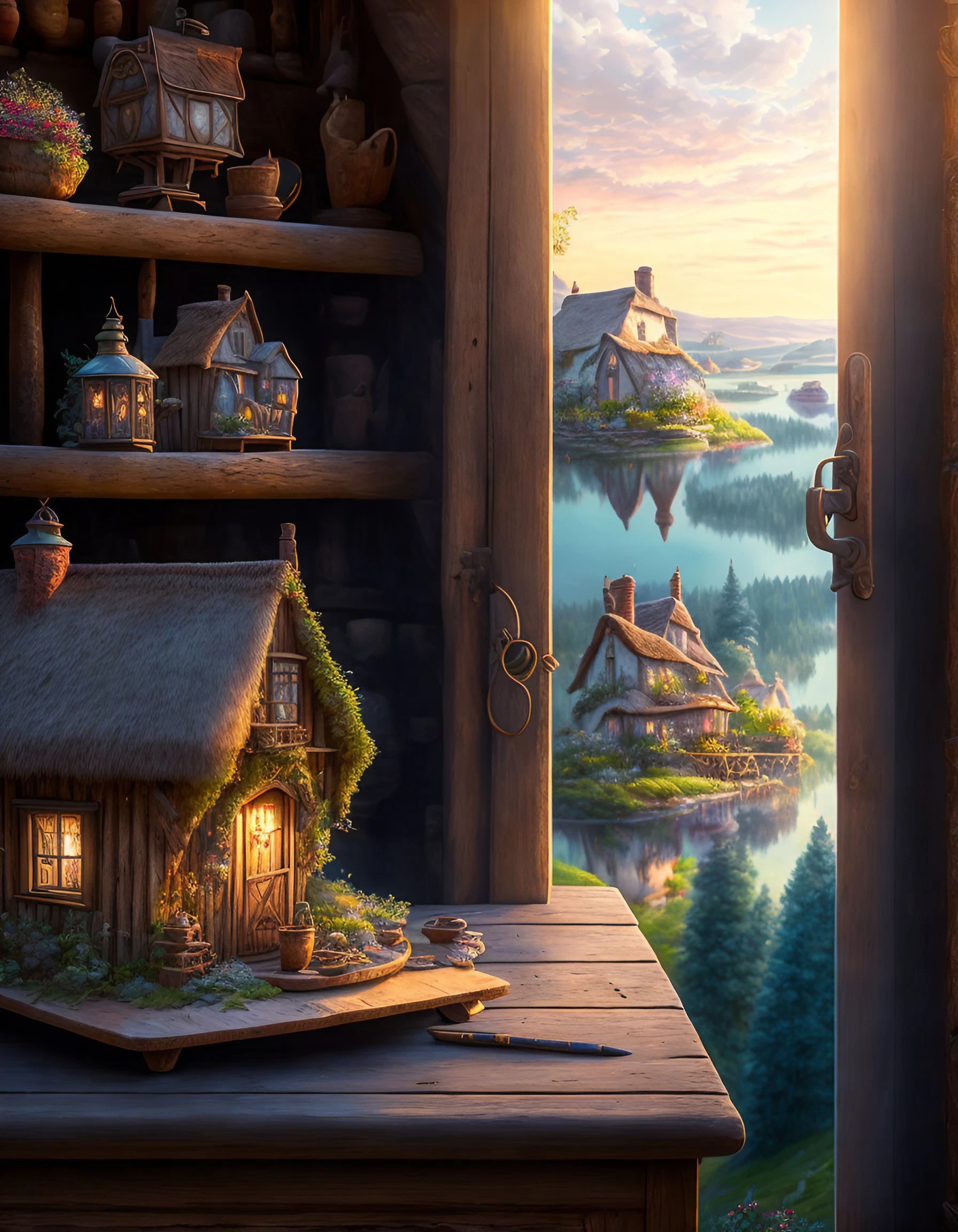 ファンタジーのミニチュアの魔法の家＆きれいな景色のスマホ壁紙