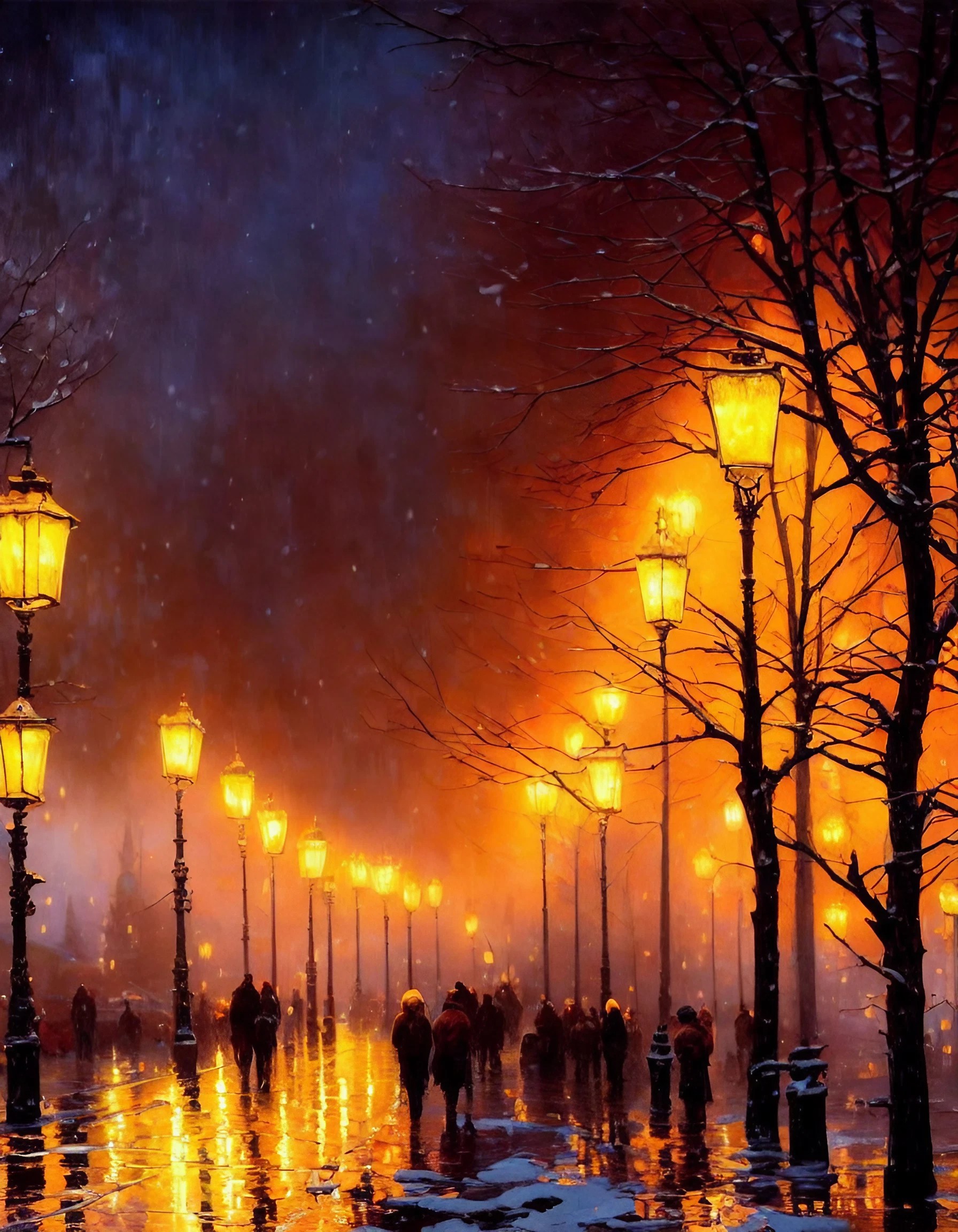冬の雪の降るヨーロッパの街路樹と街灯ときれいな夜空
