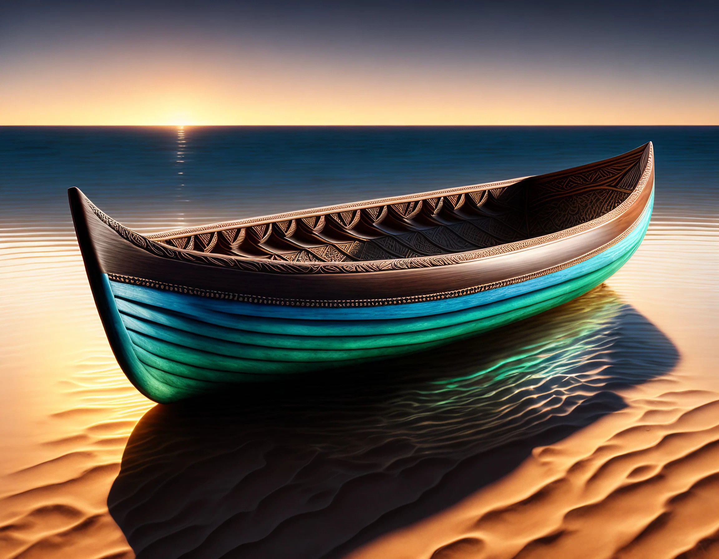 夕日の浜辺とかっこいいボートの美しい景色のリアルイラスト