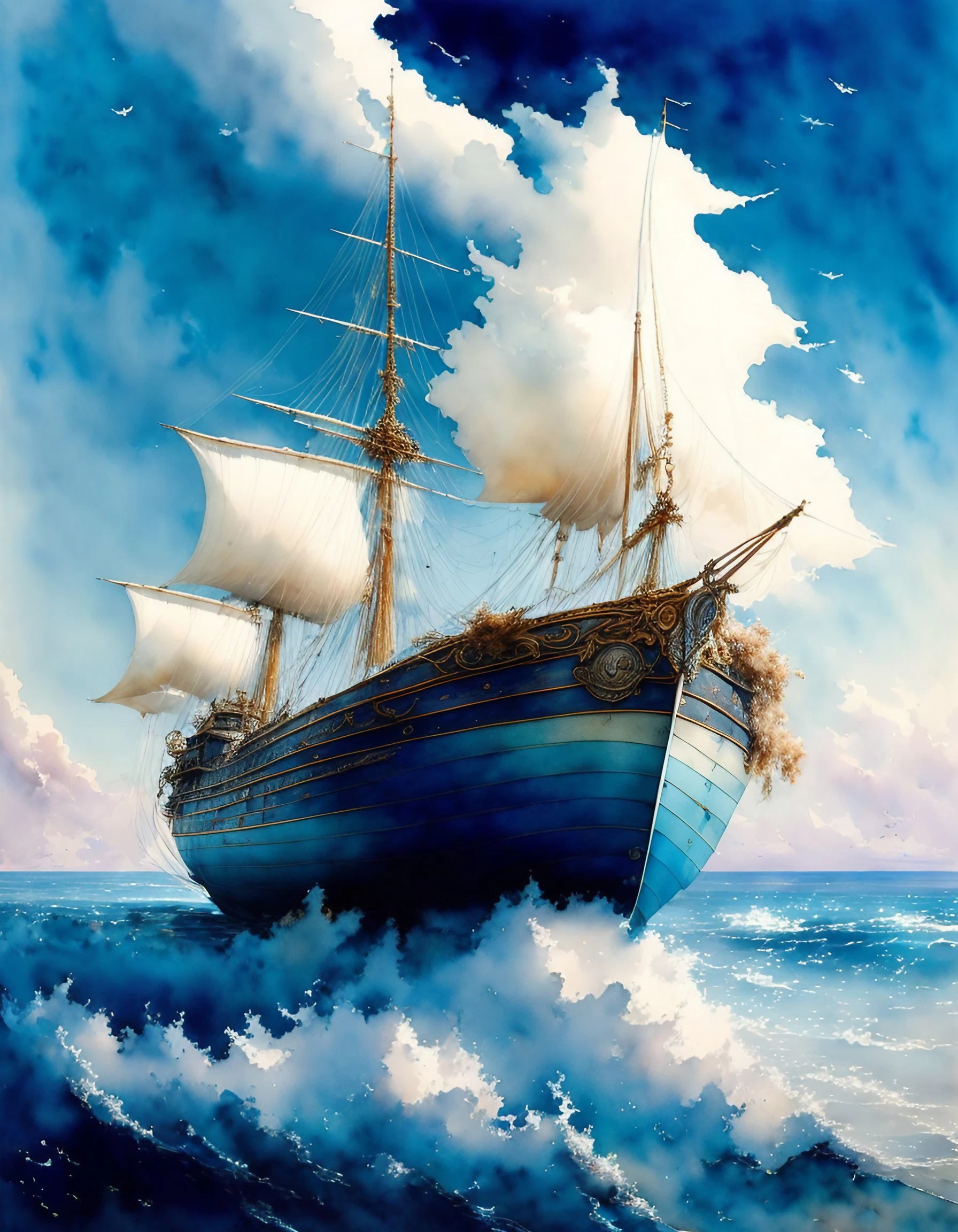大波の海とかっこいい船に青い空ときれいな雲 無料スマホ壁紙
