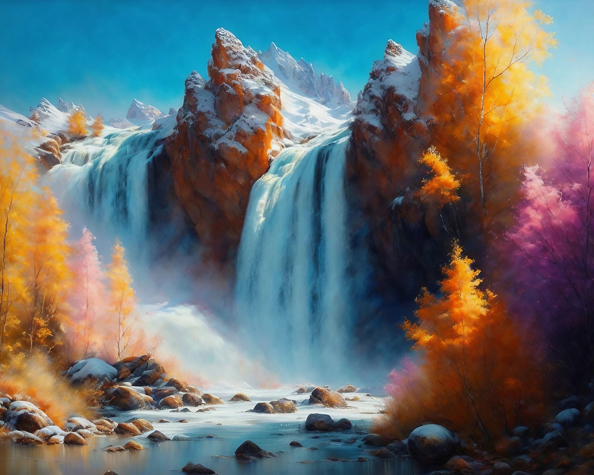 大自然の山と紅葉と滝の癒しのリアル風景絵画