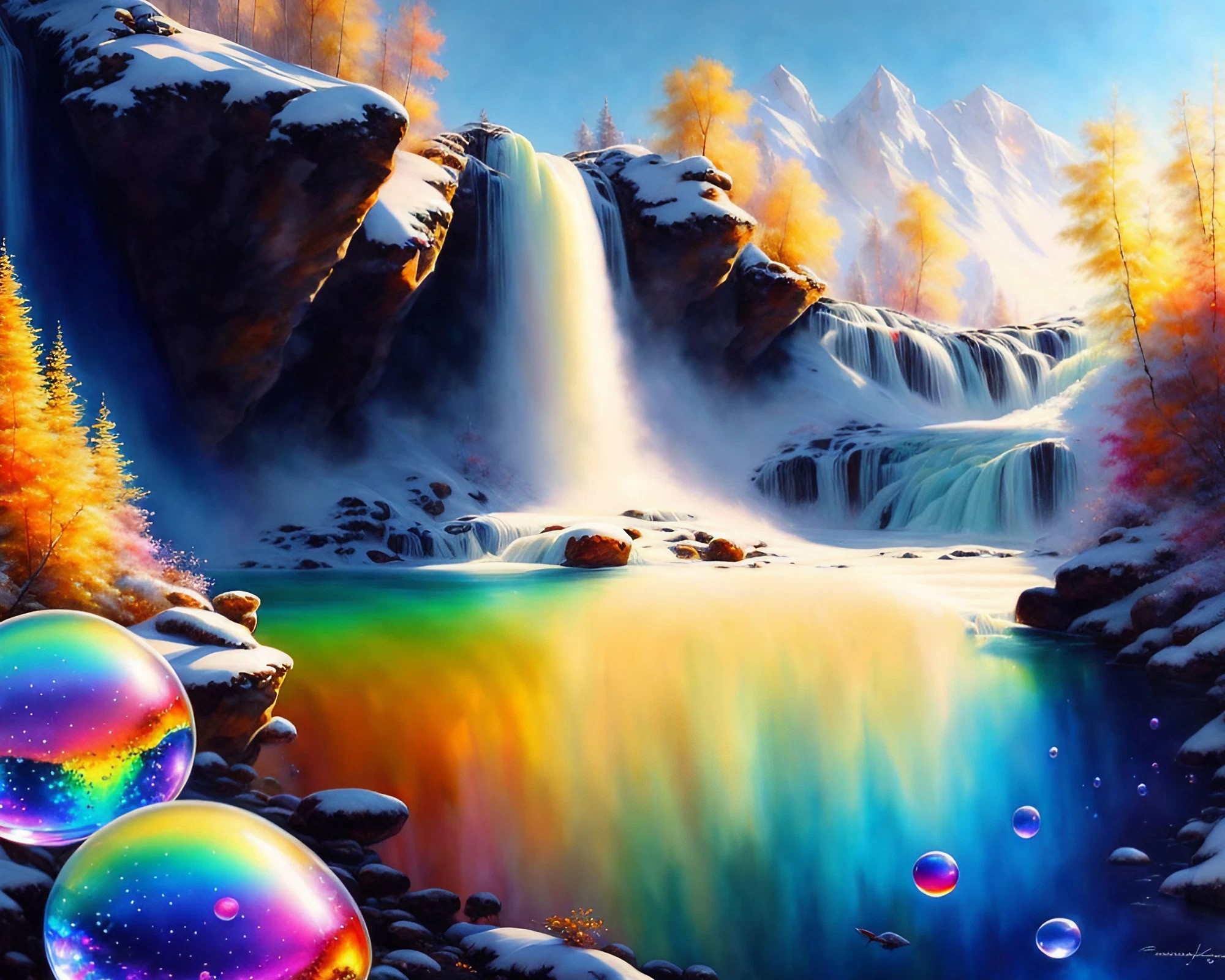 大自然の山と虹と滝とカラフルシャボン玉と癒しのリアル風景絵画