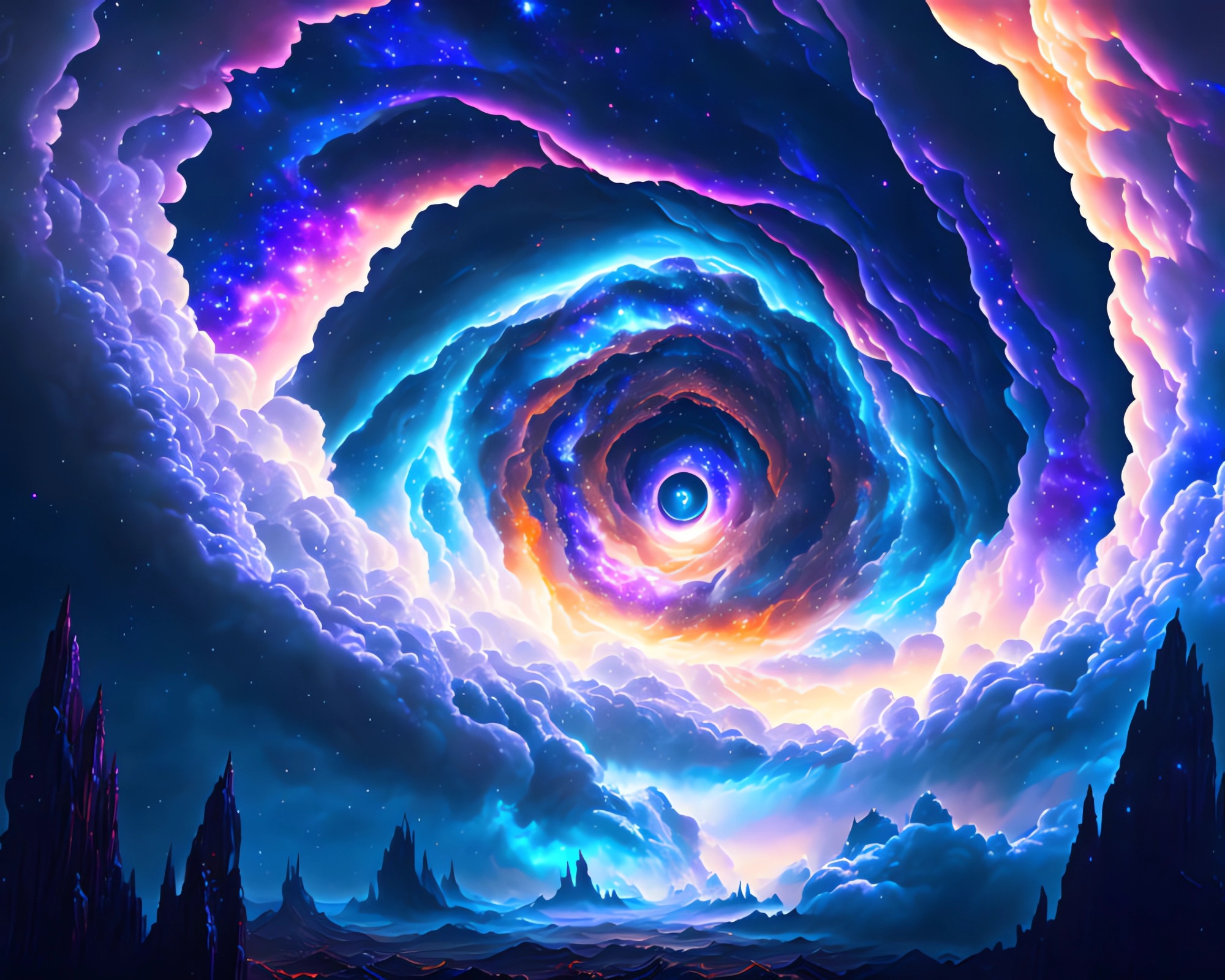 宇宙と惑星の夜空のかっこいいカラフルなワームホール リングの雲