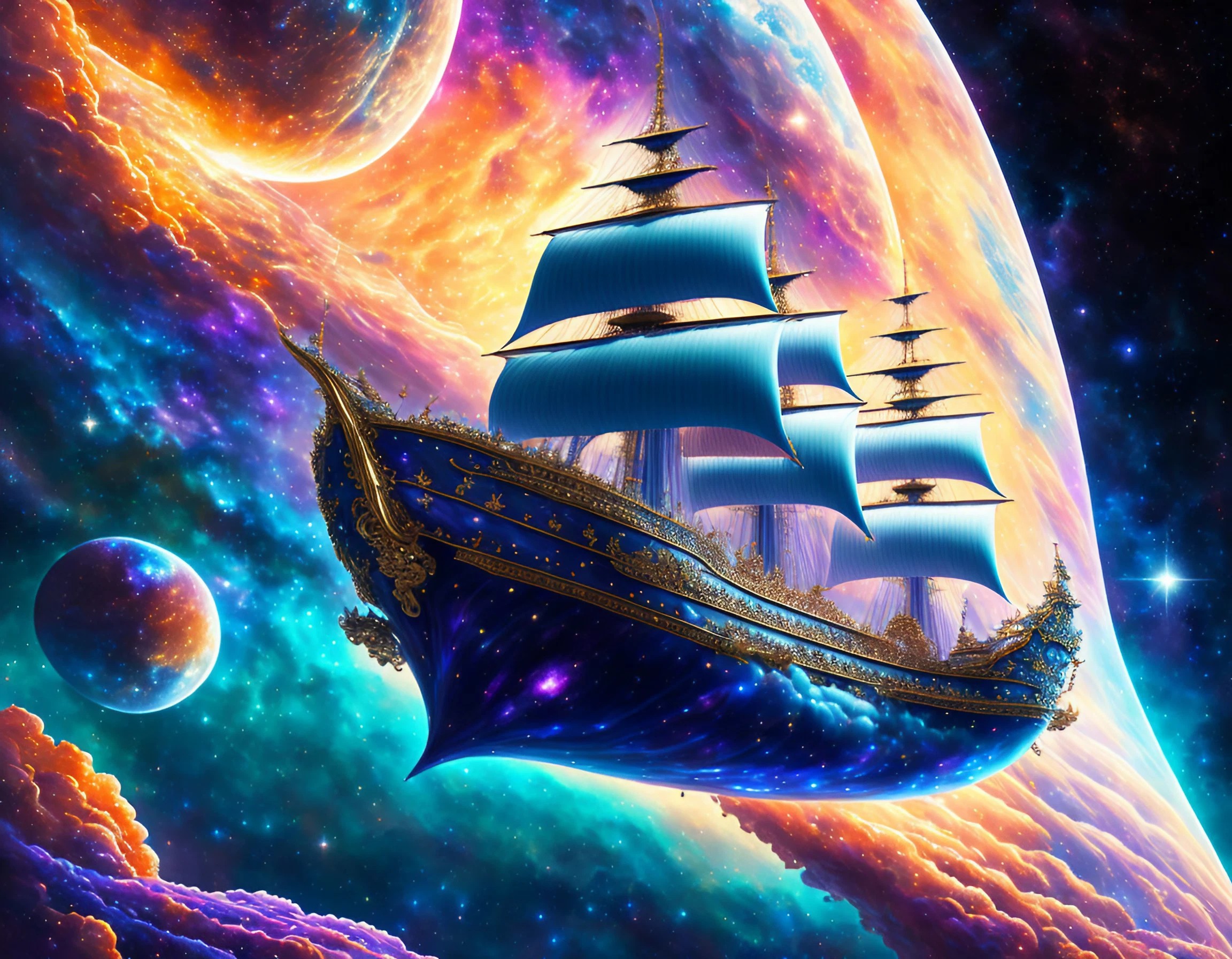 宇宙と燃える惑星と地球とカラフルなオーロラに光るかっこいい青い船と波