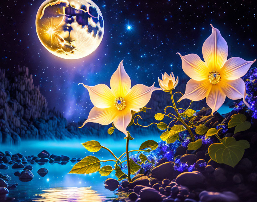 無料イラスト＆背景画像素材！幻想的な夜空とキラキラ光り輝く花とファンタジーな宇宙の風景
