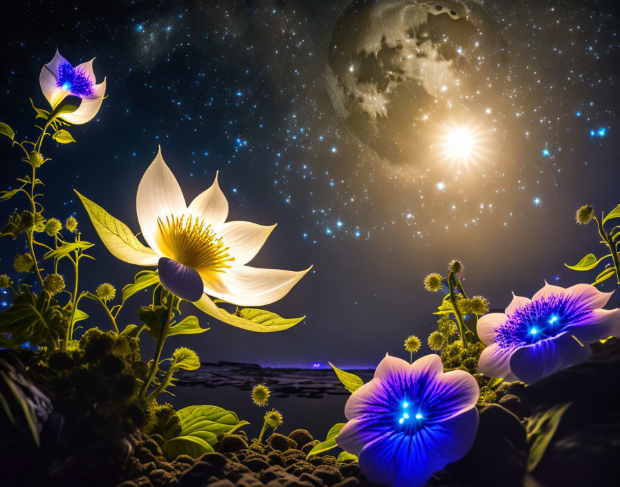 幻想的な夜空とキラキラ光り輝く花のファンタジー風景：ネオン