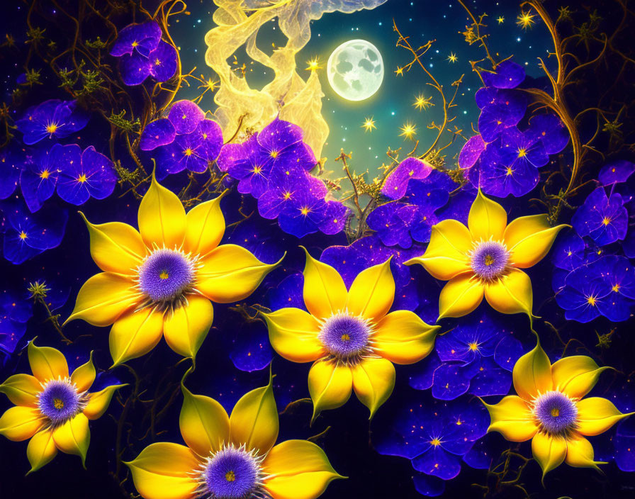幻想的な夜空とキラキラ光り輝く花のファンタジー風景：花々