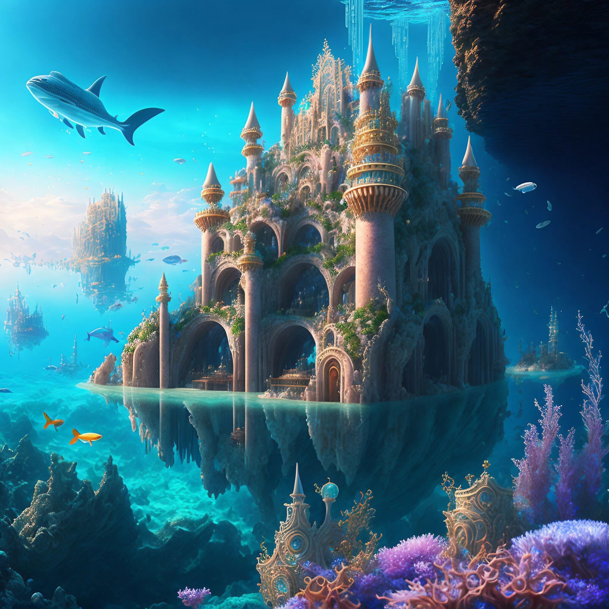 海の中の西洋のお城とカラフルな珊瑚礁と青い空のファンタジーアートな無料背景壁紙画像