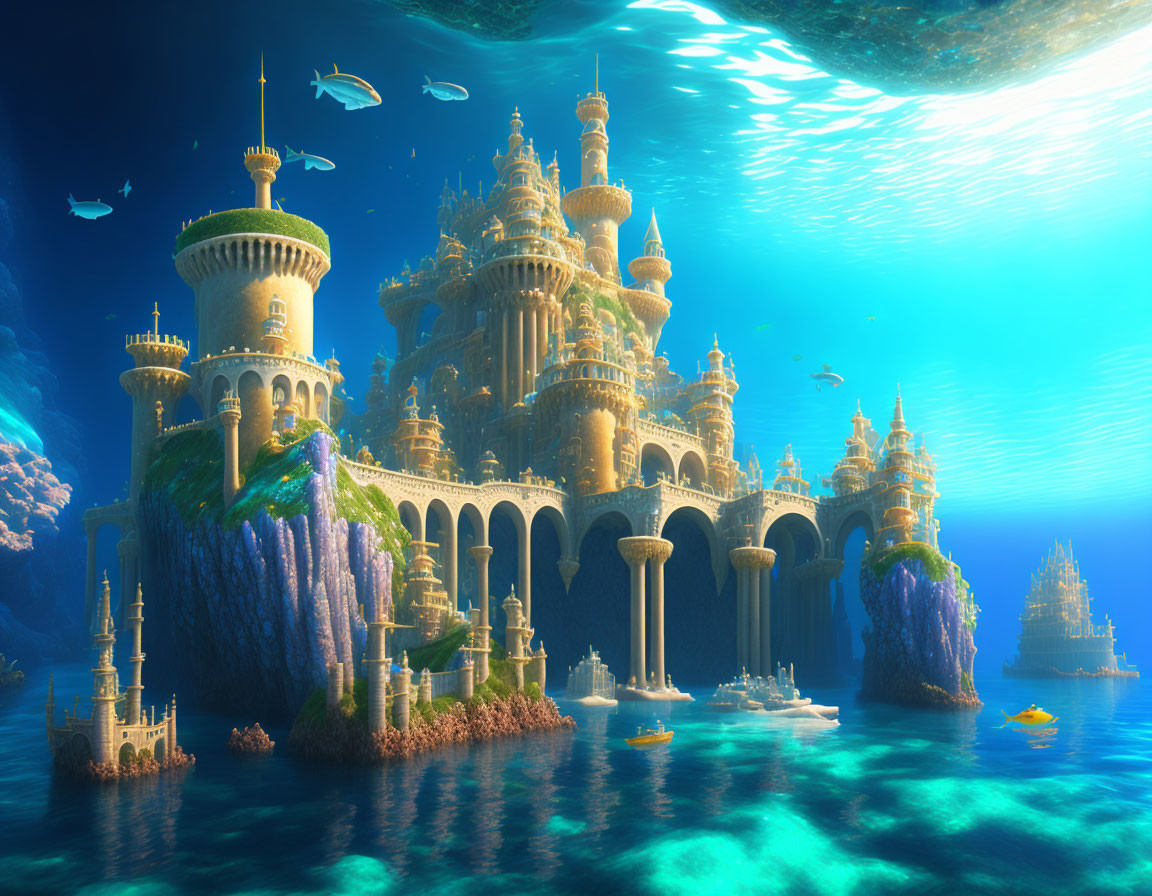 海の中の西洋のかっこいいお城とカラフルな珊瑚礁とかわいい魚のファンタジーアート