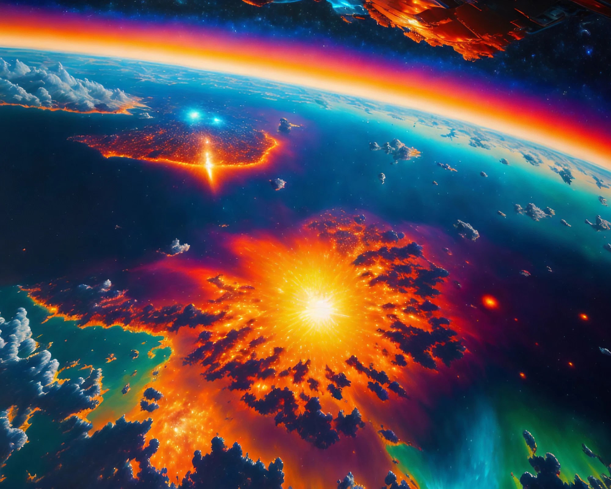 無料イラスト＆背景画像！鮮やかな宇宙と燃える地球のリアル絵画の素材