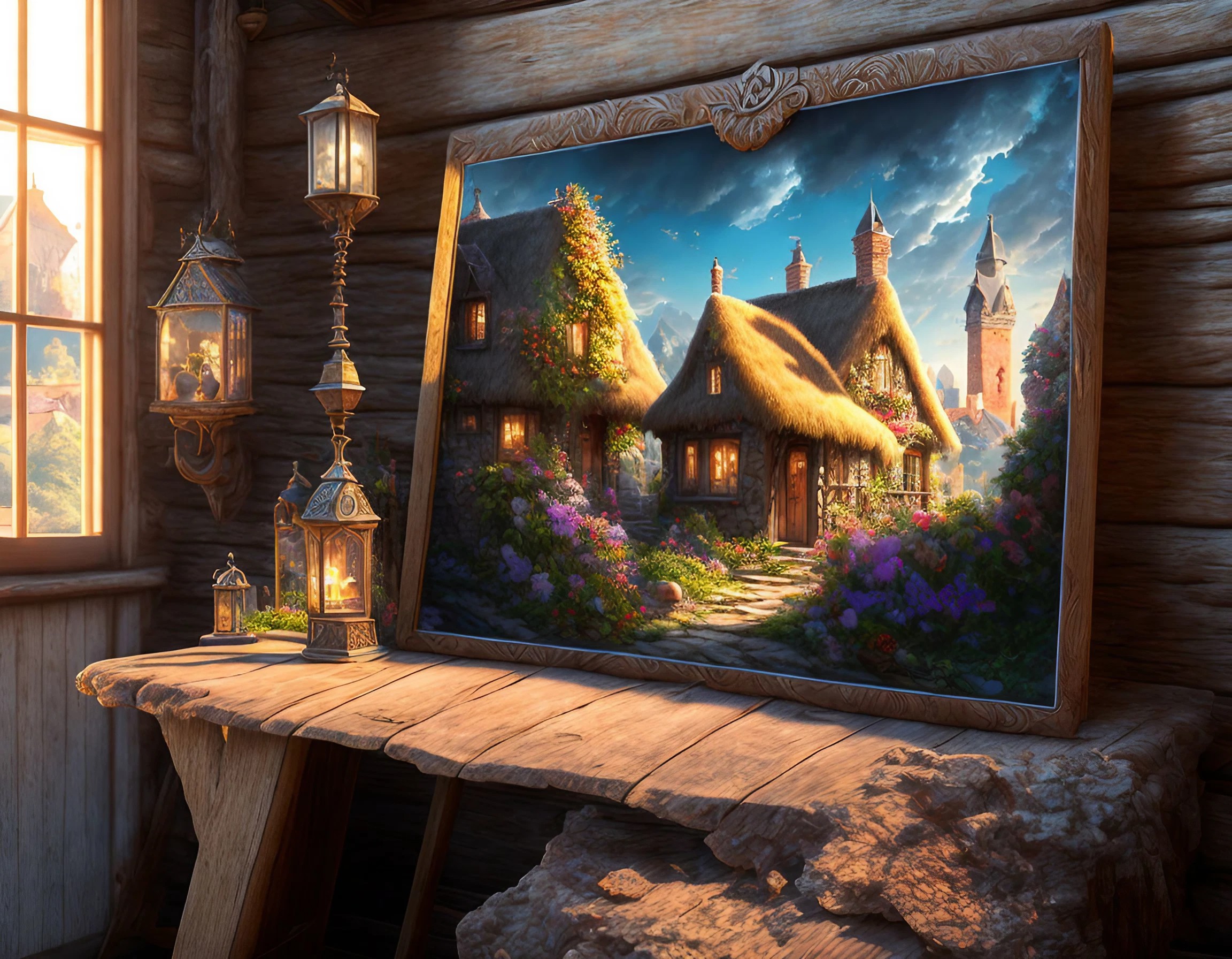 無料壁紙＆背景画像素材！魔法使いの部屋と中世のテーブルの上のファンタジーの魔法の家の絵